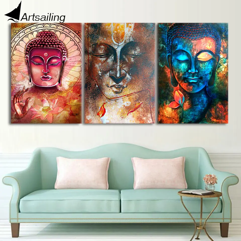 Hd Printed Colorful Zen Buddha Wall Art 3 Piece Canvas Living Room