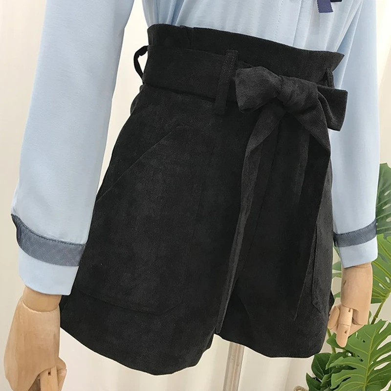 Женские вельветовые шорты с поясом и передним карманом Paperbag, шорты с высокой талией, женская одежда