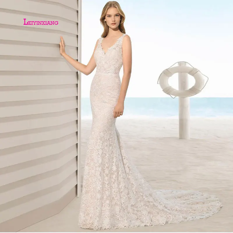

LEIYINXIANG Elegant Mermaid Boho Wedding Dress V Neck Appliques Lace Lace Sexy Wedding Gowns Backless Bride Dress vestido novia