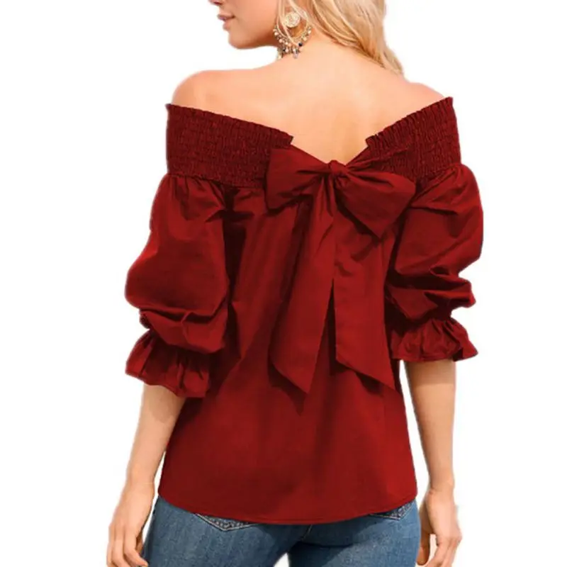 Sexy Off Shoulder Back Bowknot Blouse And Shirts Spring Summer Strapless Women Ruffle Sleeve Pleat Tops Casual Loose Blusas|Блузки| |