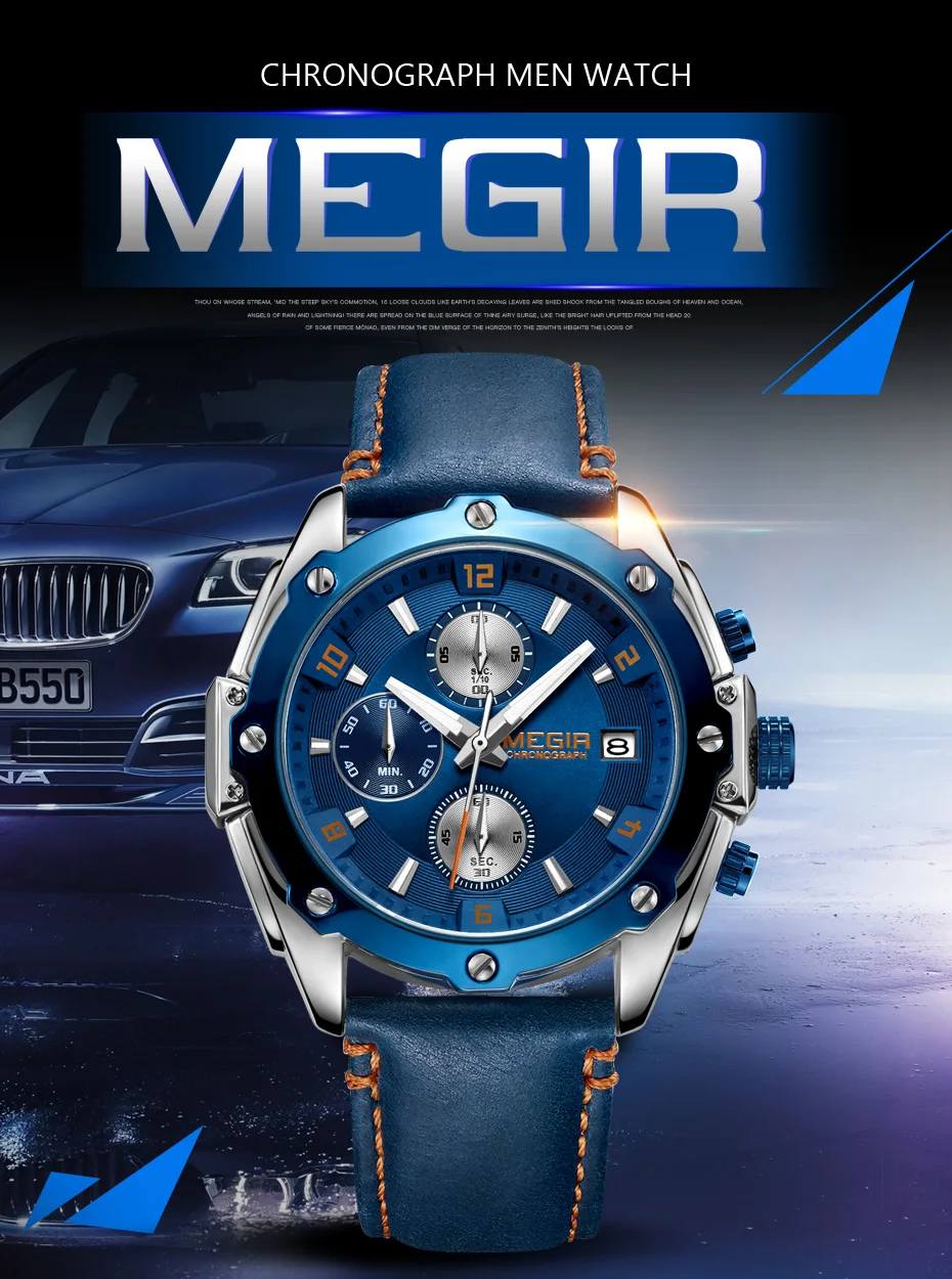 MEGIR, креативные спортивные часы для мужчин, Relogio Masculino, Модные кварцевые наручные часы с хронографом, часы, часы с кожаным ремешком, военные армейские часы