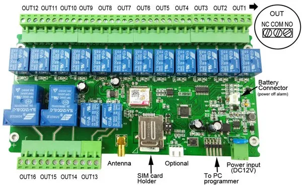 16 каналов Ouput GSM пульт дистанционного управления релейный переключатель плата батарея для выключения питания сигнализации(не обычная посылка