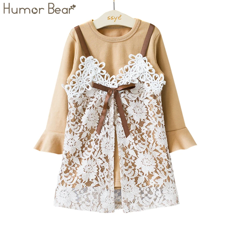 

Humor Bear Children Clothes Autumn Girls Dress Baby Girl Princess Dress White Condole Belt Lace Party Dress Girls Clothes