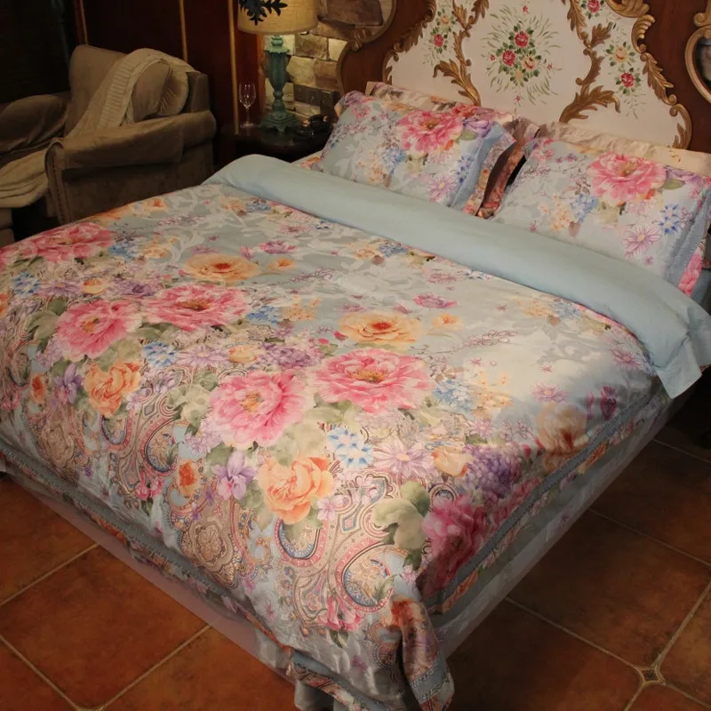 Waliicorners New Luxury silk cotton bedding set blue black satin duvet cover sets Bohemia style bed linen bedclothes 28 1