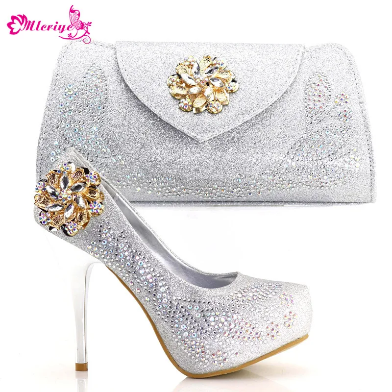 

New Arrival Ladies Italian Shoes and Bag Set Decorated with Rhinestone Nigerian Women Wedding Shoes and Bag Set Woman Shoes Bag