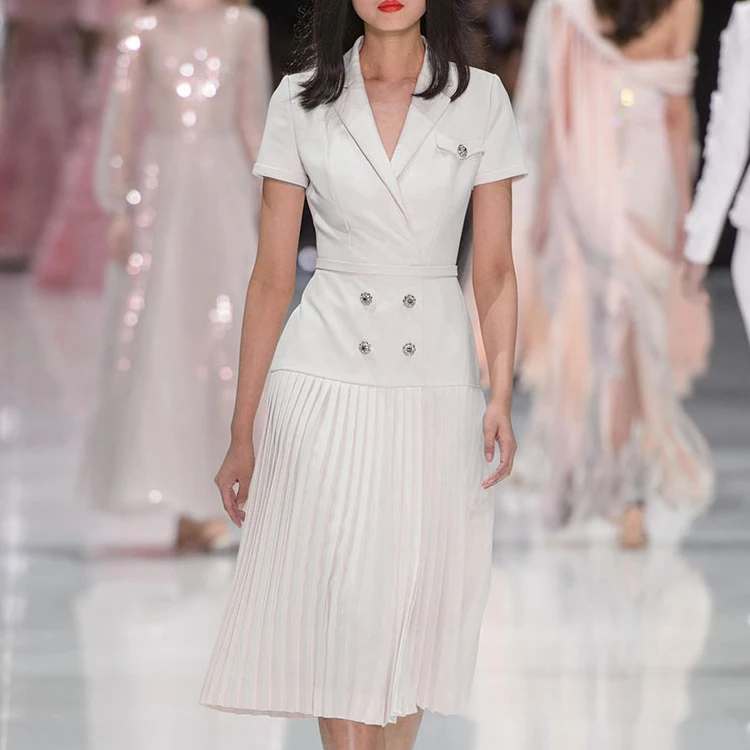 

HIGH QUALITY 2018 Runway Designer Dress Summer Women's Elegant Short Sleeve Double Breasted Buttons White Office Dress