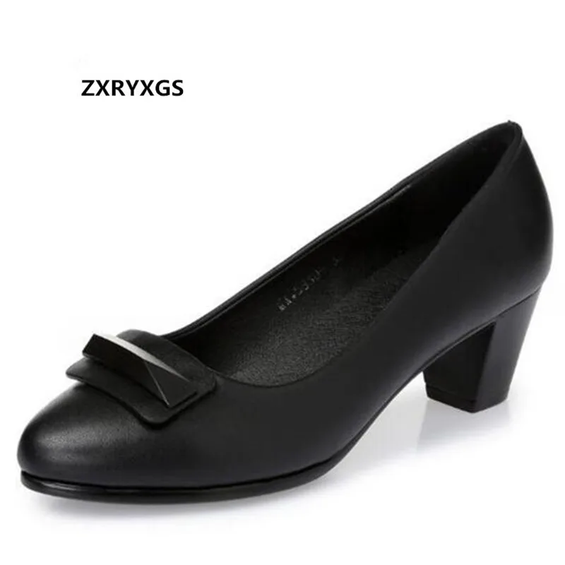 

2019 New Spring Summer Elegant Fashion Shoes Ladies Real Leather Shoes Wedding Thick with High Heels Work Shoes Women's Shoes