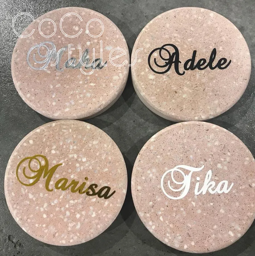  Cocostyles bespoke special round granolithic stone name card with hand writing for rustic wedding i - 32893066097