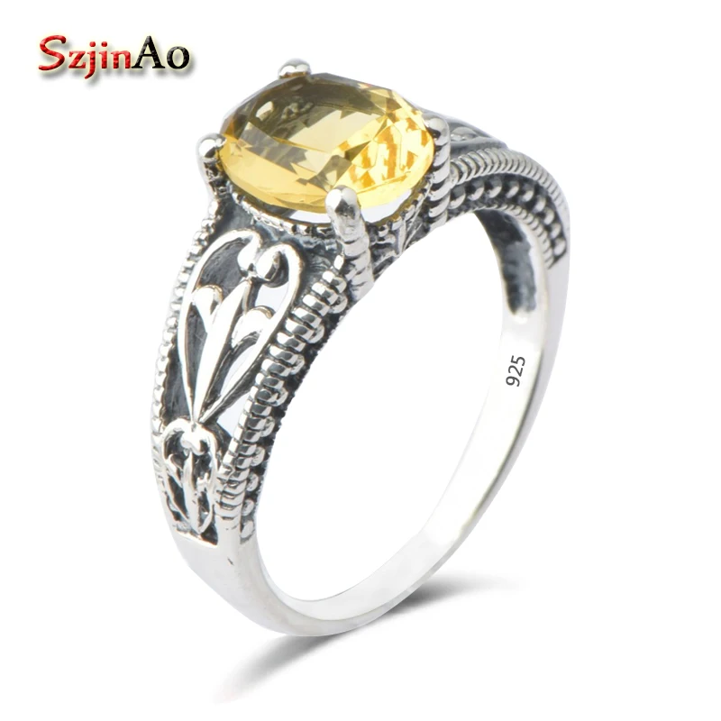 

Szjinao Promotion Wholesale Fashion 100% 925 Sterling Silver Ring Vintage Style Handmade Women Yellow Crystal Jewelry