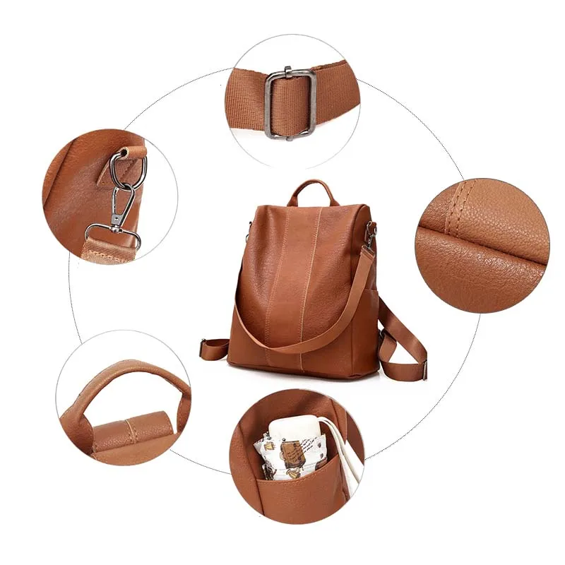  Women Female PU Leather Anti-theft Backpack Classic Solid Color Zipper Large Capacity Fashion Shoul - 33050466625