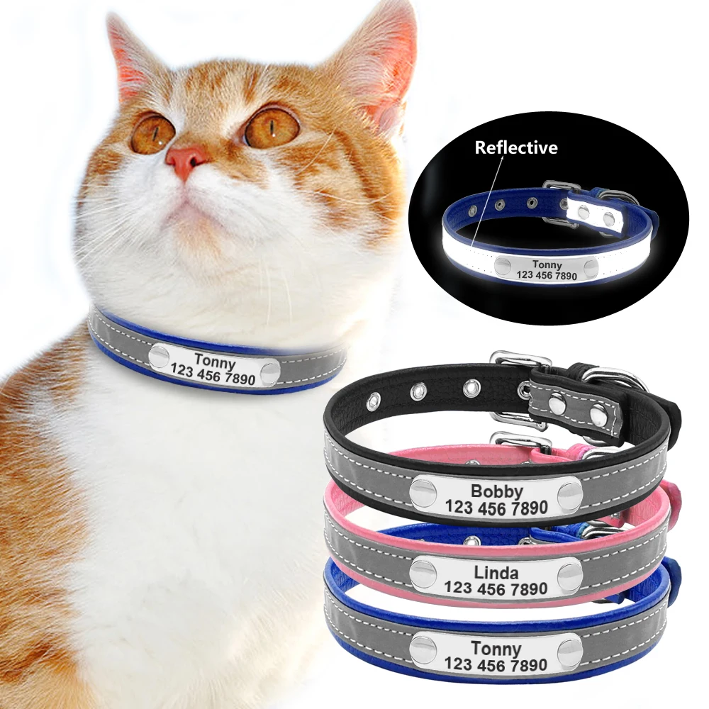 Reflectieve de couro para coleira de identificação de gato, placa de identificação personalizada