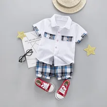 Одежда для маленьких мальчиков летняя детская клетчатая рубашка джентльмена из хлопка с отложным воротником комплект одежды для мальчиков 1, 2, 3, 4 лет