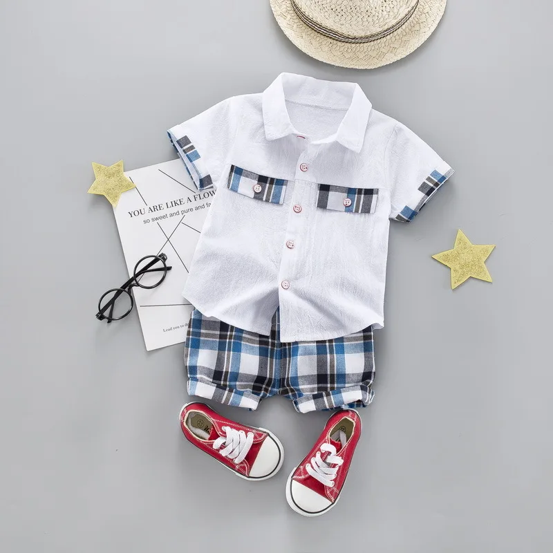 

Infant Boys Clothing Summer Baby Plaid Gentleman Cotton Turn-down Shirt Kids Boy Clothing Set 1 2 3 4 Years