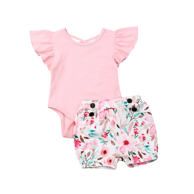 

Pretty Newborn Baby Girl Summer Clothes Sets Fly Sleeve Bodysuits+Floral Shorts 2Pcs Baby Girl Cotton Clothes Outfits 0-24M