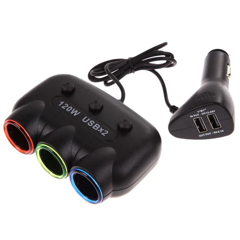 120W Car Charger Car Cigarette Lighter Socket Splitter USB Port 3 Sockets 120W super power Adapter For Iphone/Samsung/MP3 ME3L