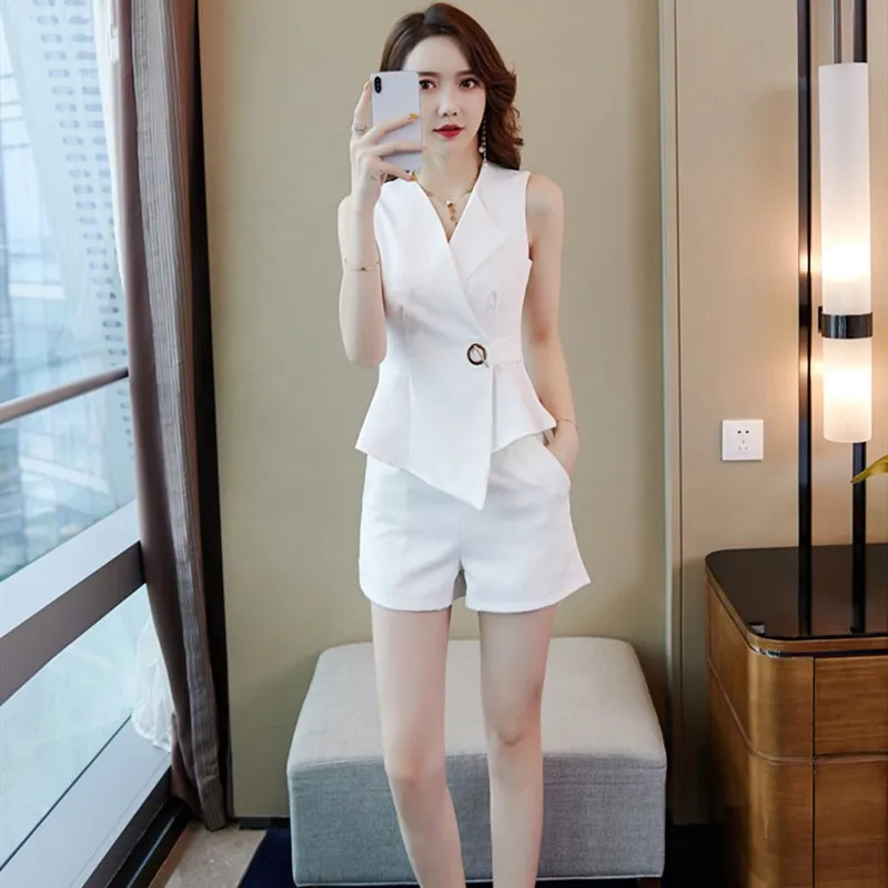 

Office Lady Profession White Shorts Two Piece Set Solid Sleeveless Blazer With Pockets Shorts Women's Sets