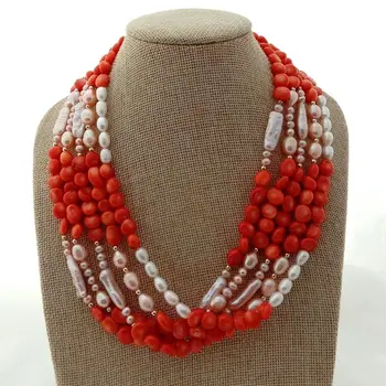 

19" 5 Strands White Biwa Pearl Orange Coral Necklace