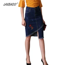 LANBAOSI, Джинсовая юбка с цветочной вышивкой для женщин, джинсовые юбки с кисточками, высокая талия, длина до колена, посылка, бедро, ковбойская, женская, Faldas