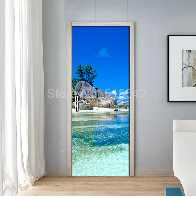 3D фото обои песчаный пляж вид на море вид на дверь Фреска гостиная спальня креативная DIY дверная Наклейка ПВХ виниловая настенная бумага