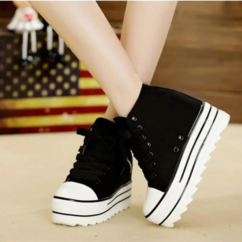 Loisirs Printemps Épaisses Et coréen À Cravate blanc Semelles Chaussures Toile Noir Automne Étudiant Haute Chaussures Nouvelle Éponge rzwr0d