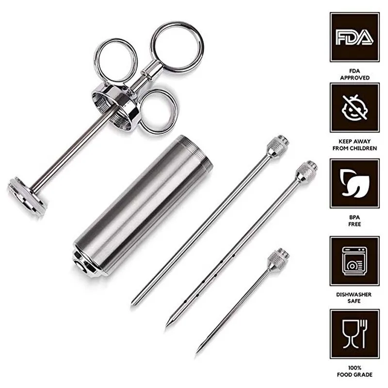 2 Ounce Capacity with 6 Needles Silicone Brush Stainless Steel BBQ Injector Syringe, Marinade Meat Injector