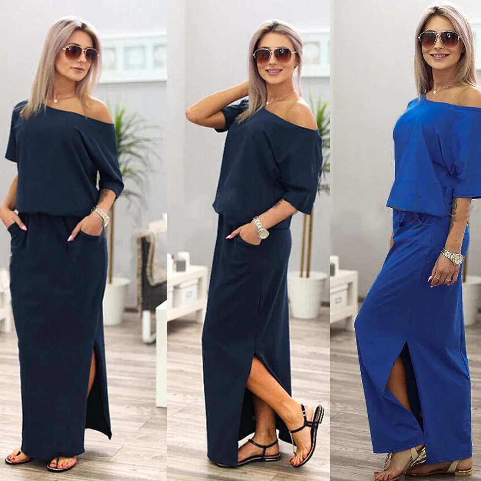 

Women Dress Summer Long Maxi BOHO Evening with Pocket Holiday Off Shoulder Split Ladies Summer Beach Party Dress 2019