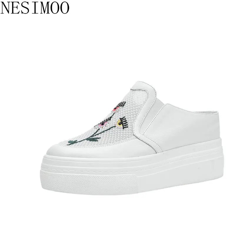 

NESIMOO 2019 New Spring Fashion All Match Genuine Leather Wedge High Heel Casual Platform Slip On Comfort Flat Heel Size 34-40
