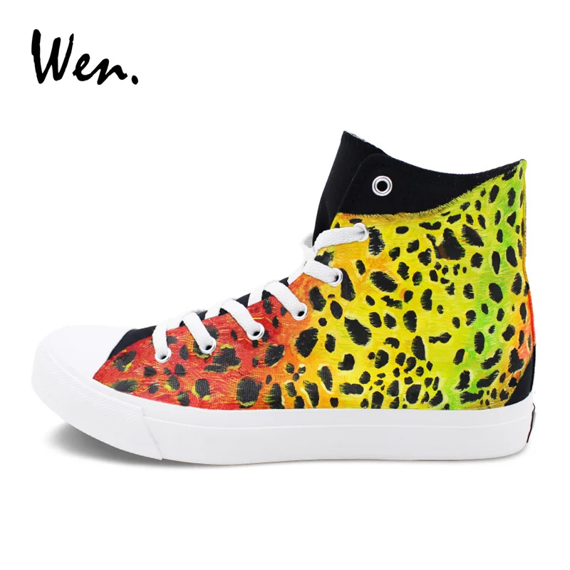

Wen Color Intrigue Leopard Hand Painted Shoes Original Design Graffiti Shoes Unisex High Top Lace Up Athletic Canvas Sneakers