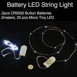 10 шт./лот CR2032 кнопки сотового Батарея работает 7ft 20 светодиодный Micro СВЕТОДИОДНЫЙ свет шнура, водонепроницаемый светодиодный фея для