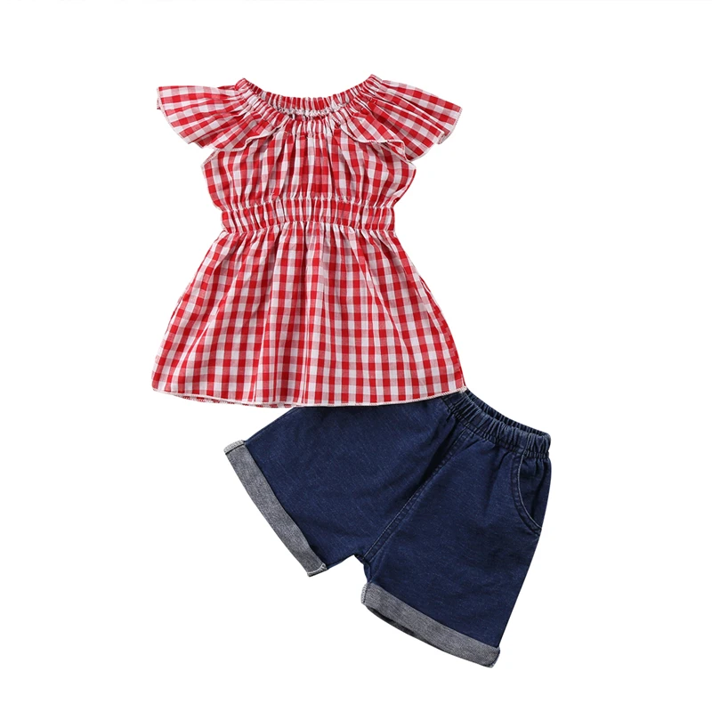 Toddler Kids Baby Girls Outfits Clothes Plaid T Shirt Tops+Jeans Shorts 2PCS Set