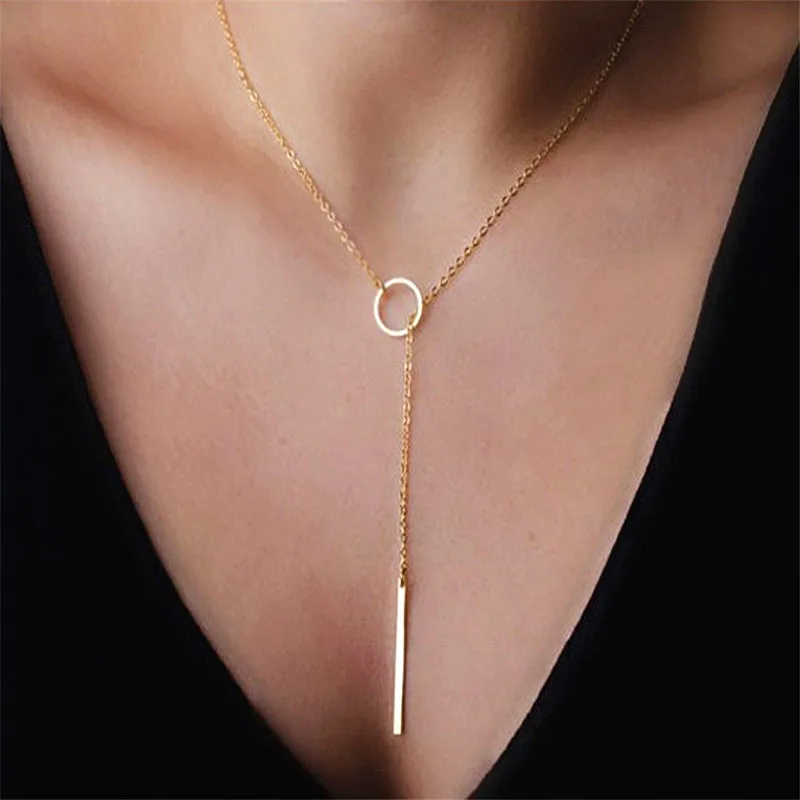 

SexeMara Trendy Gold Chain Necklace Women Round Circle Silver Necklaces Fashion Jewelry Collier Adjustable Size Bar Pendant