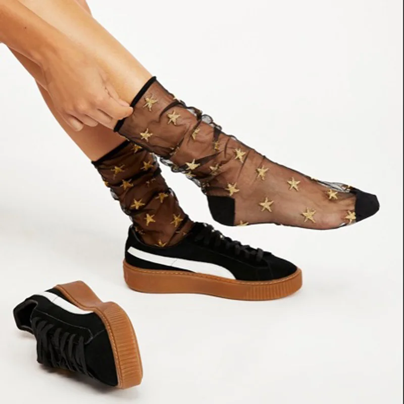 

SP&CITY Women Funny Short Socks Art Star Patterned Glitter Harakuju Socks Female Thin Fashion Transparent Anckle Socks Hosiery