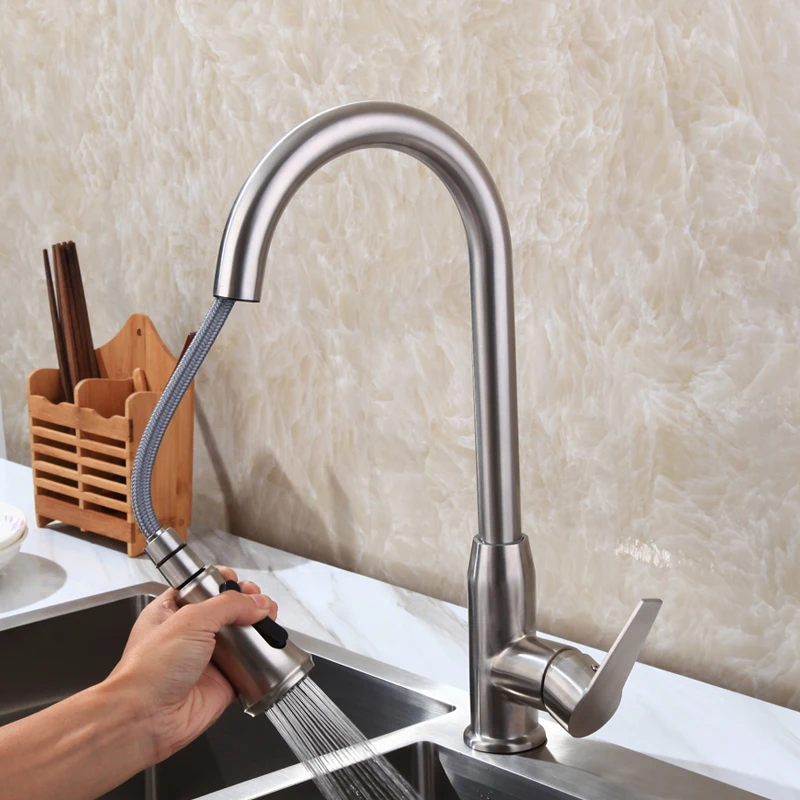 Pull Out Kitchen faucet 2 Functions Sink Mixer Faucet Pull Out Double Sprayer Nozzle Hot Cold Mixer Water Taps Brushed Finish