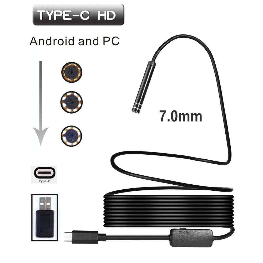 Эндоскоп HD 7 мм 1 м 3 5 10 6 светодиодов USB для S8 LG G5 G6 V20 Pixel P9 P10 Oneplus 2 3T Android