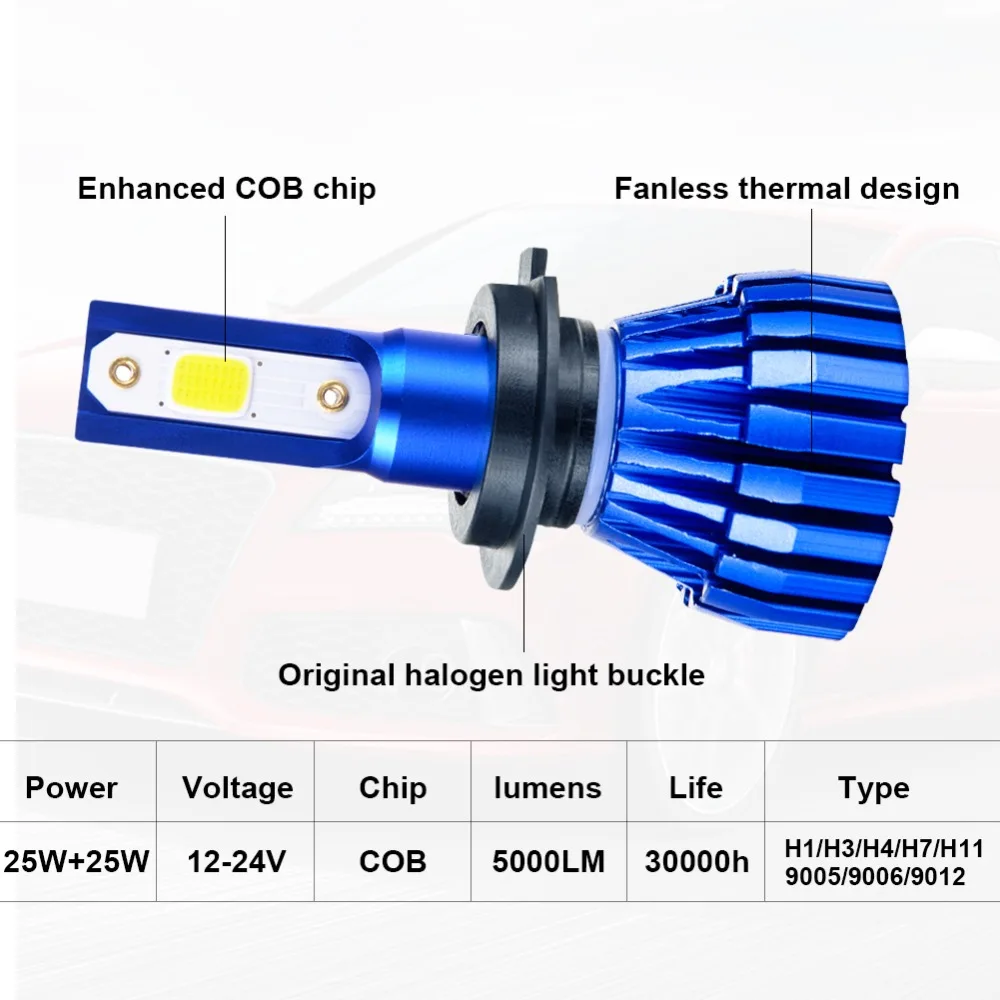 Комплект из 2 предметов, 4 цвета K2 безвентиляторный H7 светодиодный H4 автомобильных фар лампа 4300K 6500K 8000K 3000K COB Чип H1 H3 H8 H11 9005 9006 HB3 HB4 5000LM 50 Вт