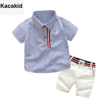 Модный костюм джентльмена из 2 предметов Осенняя мягкая хлопковая рубашка в полоску с короткими рукавами для маленьких мальчиков топы+ шорты, одежда для малышей, комплект одежды, От 1 до 6 лет