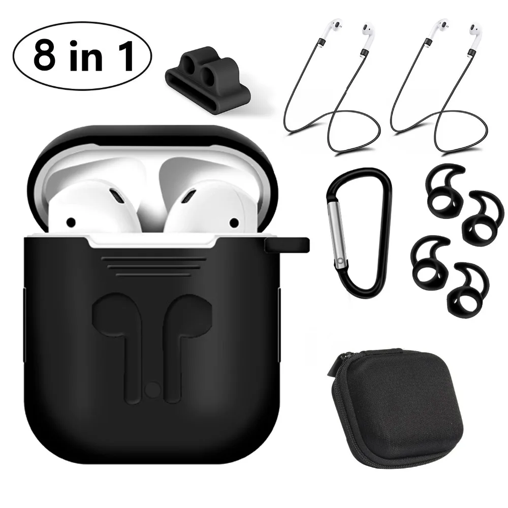 

EKIND 8 in 1 Silicone Sport Shockproof Protective Earbuds Earphone Case Set for Apple Airpods with Anti-lost Strap & Holder