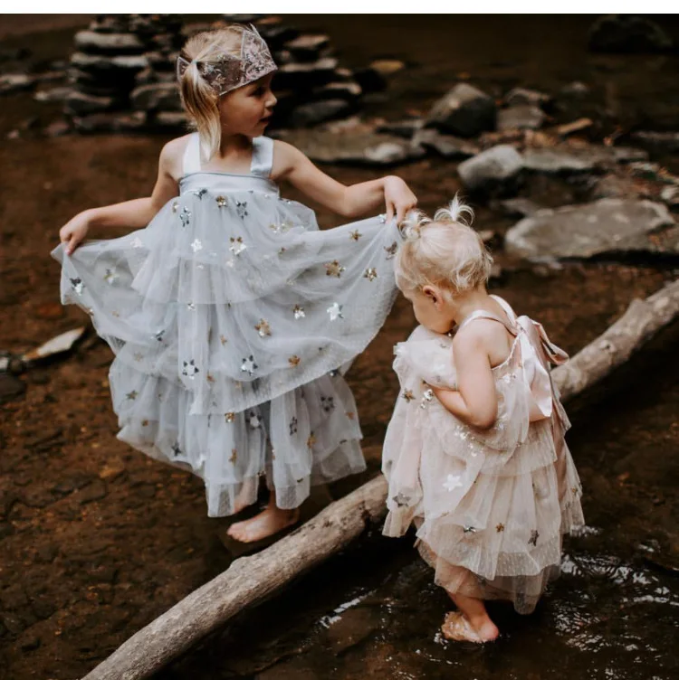 kids dresses girls dress princess dresses star lace luxury party girl twins sleeveless shoulerless