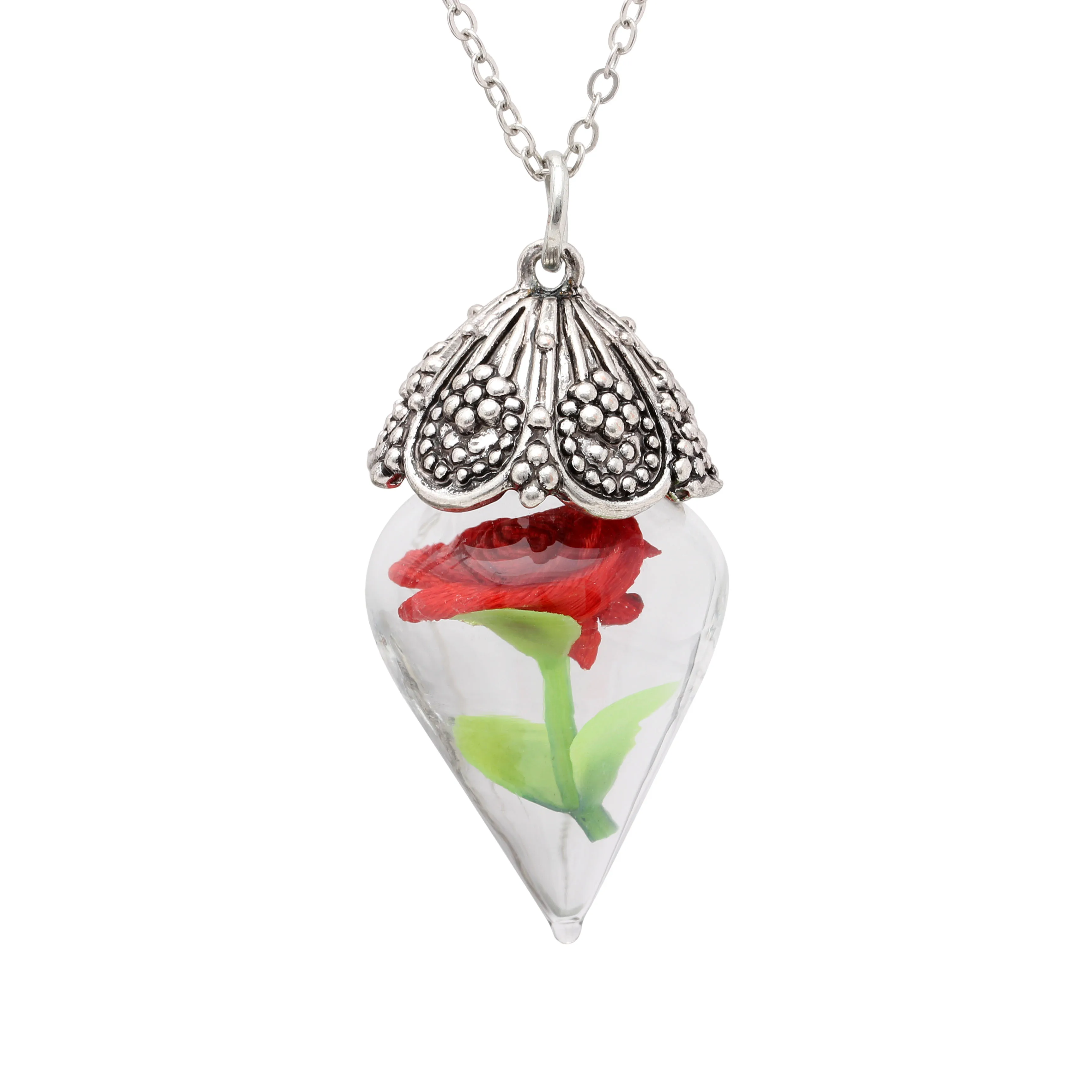 

fine jewelry pendant necklace Glass bottle Rose flower Anti Silver Color 16-30 water wave chain Vintage Women wedding bride gift
