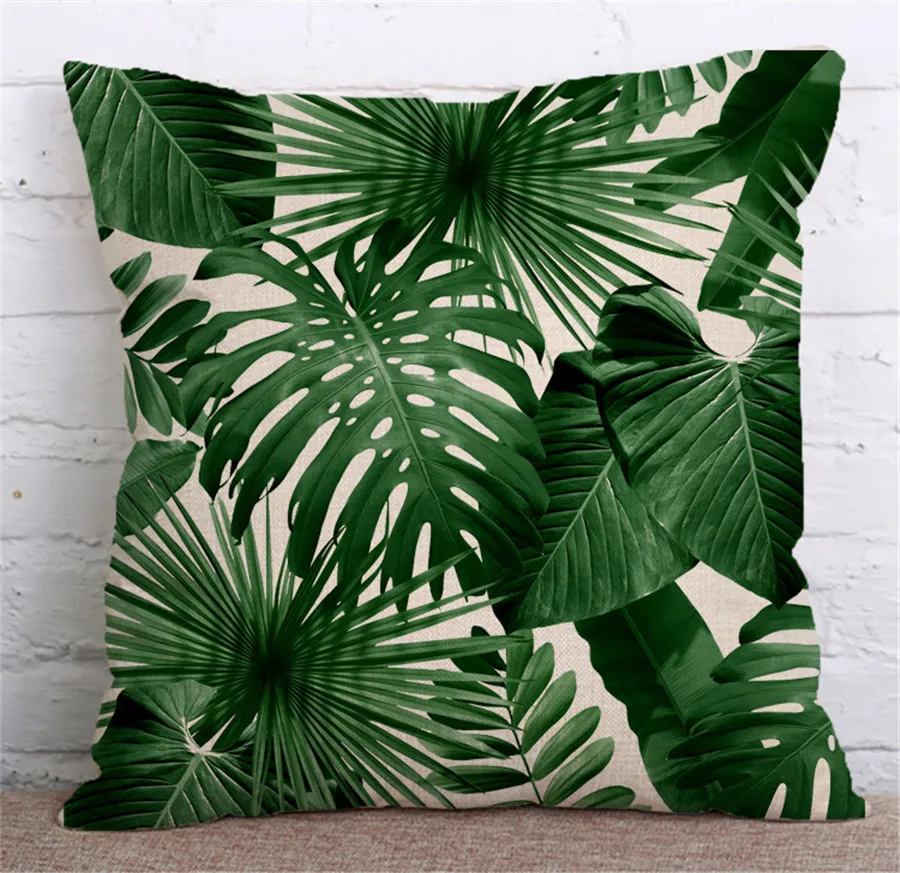 Green Leaves Linen Throw Pillow Case Africa Tropical Plant Printed Cushion Cover