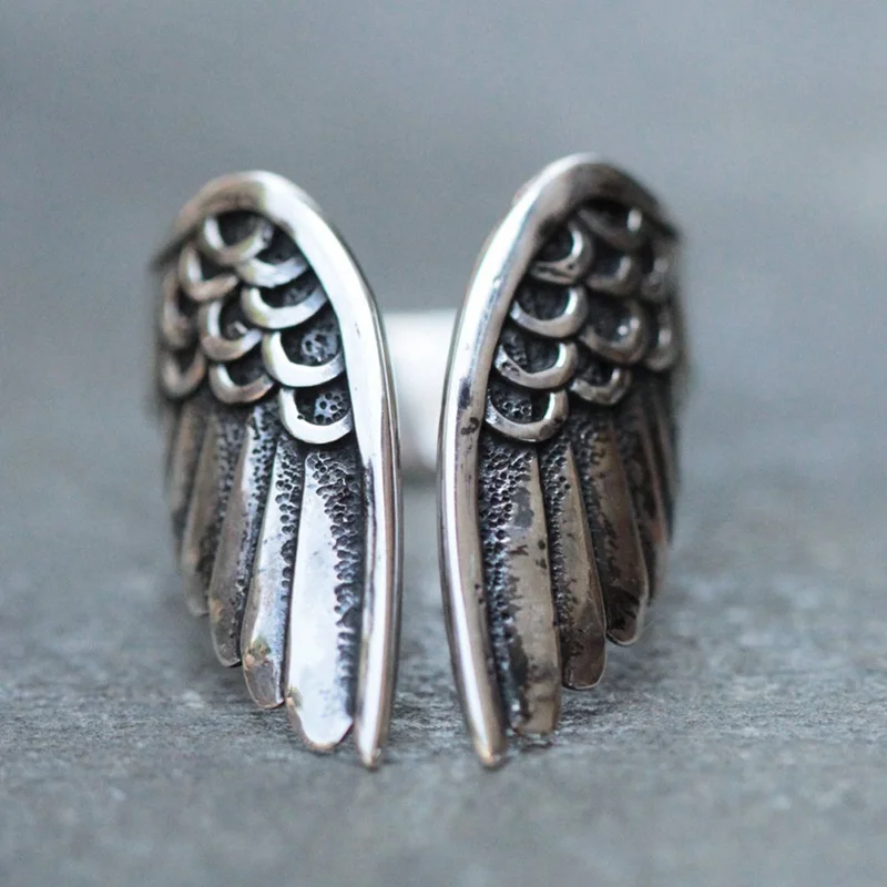 Регулируемое кольцо с крыльями ангела, Ретро стиль, тайское серебро, черный цвет, кольца для женщин, модные кольца, ювелирные изделия, Bague Femme, женские подарки