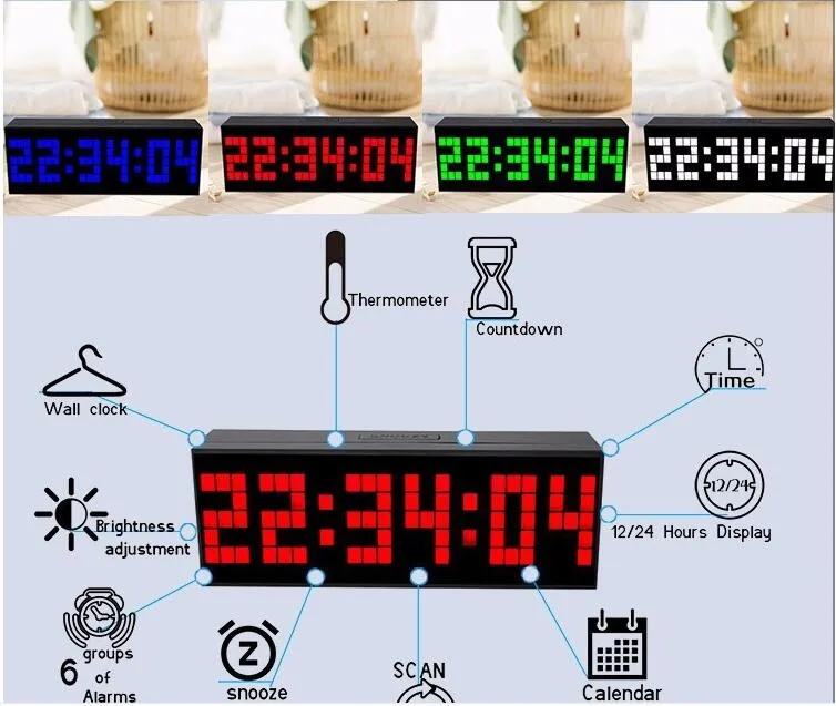 KOSDA светодиодный 6 цифр светодиодный Будильник цифровой таймер обратного отсчета 6 будильников Дата Календарь настольные прикроватные часы для спальни Заводская Новинка