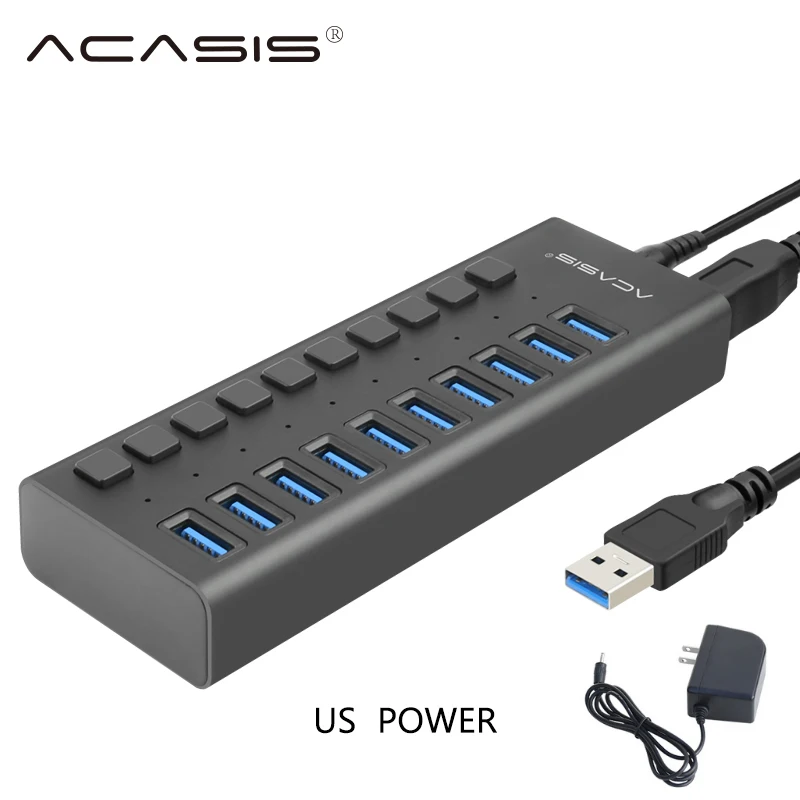 Acasis usb-хаб 3,0 10 портов супер скорость 5 Гбит/с Портативный USB 3,0 концентратор разветвитель с внешним адаптером питания ПК для аксессуаров - Цвет: US Aluminum black