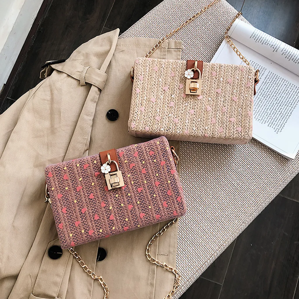 

Coneed The New Women Beach Heart-shaped Sequins Straw Bag Small Square Bag Beach Messenger Bag 2019 May7 P40