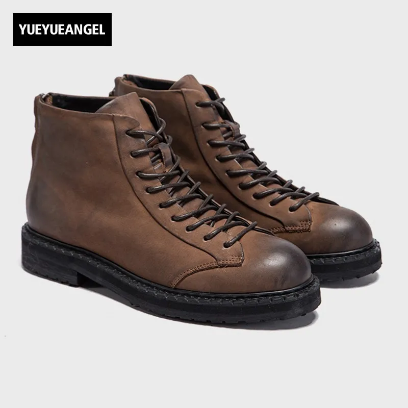 Top Quality Men Winter Cow Real Leather Ankle Boots Round Toe Motorcycle Safety Shoes High Top Retro Washed Lace Up Martin Boots цена Top Quality Men Winter Cow Real Leather Ankle Boots Round Toe Motorcycle Safety Shoes High Top Retro Washed Lace Up Martin Boots цены онлайн