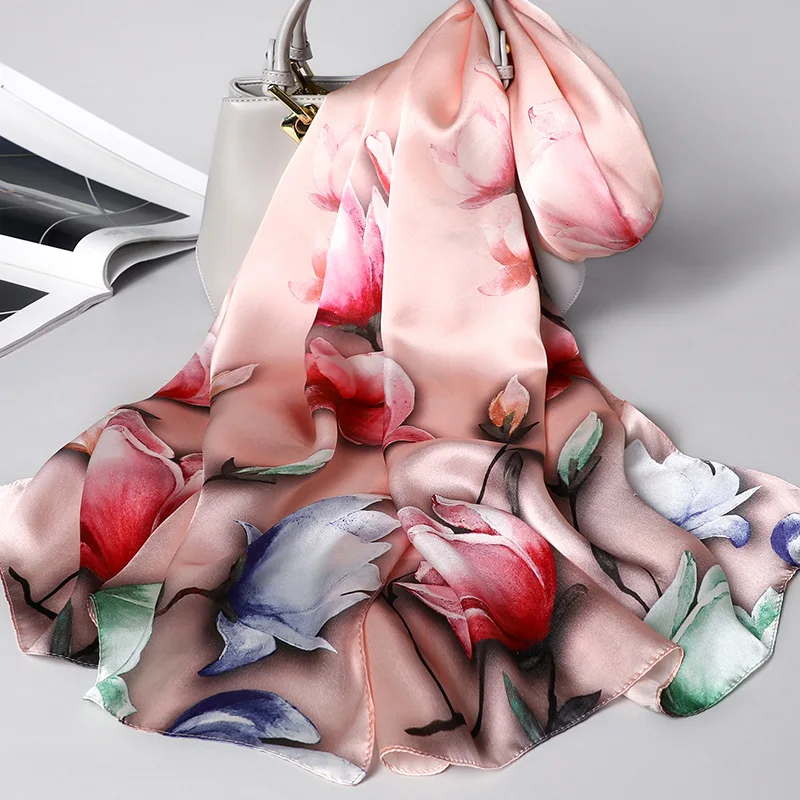 

2019 New Fashion Women Silk Scarf Flower Print Scarves Brand Beach Shawl Wraps Satin Head Hijab Female