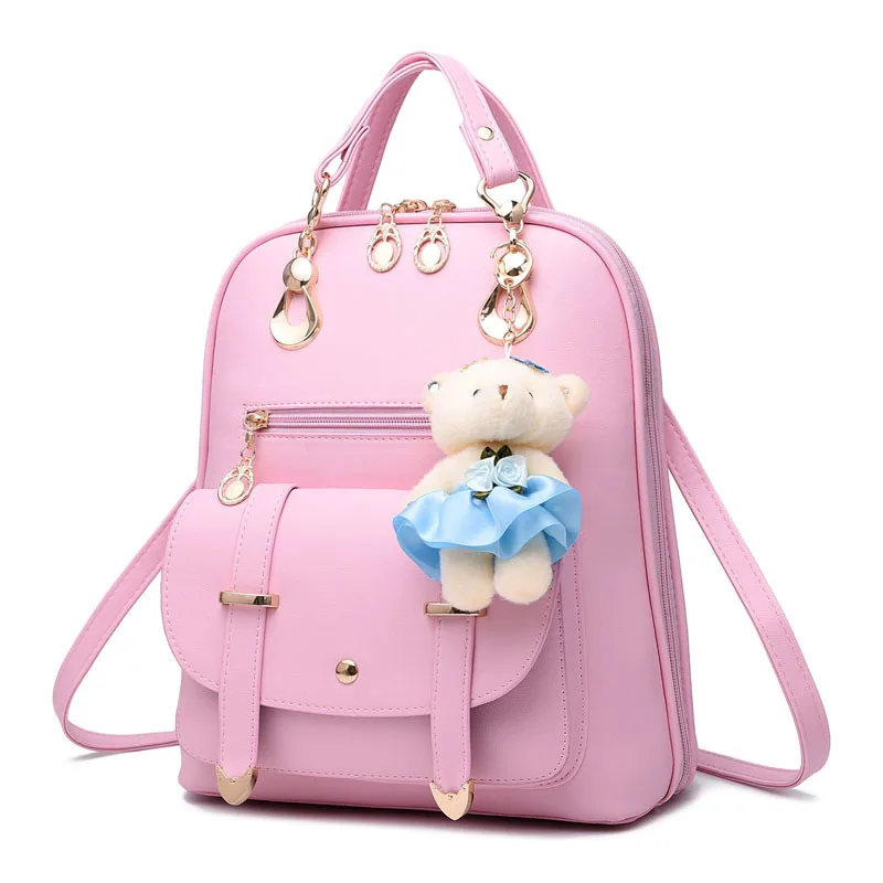 Модный женский кожаный рюкзак с подвеской в виде медведя из искусственной кожи, школьные сумки для молодых девушек, женский рюкзак, Дамский рюкзак - Цвет: Розовый