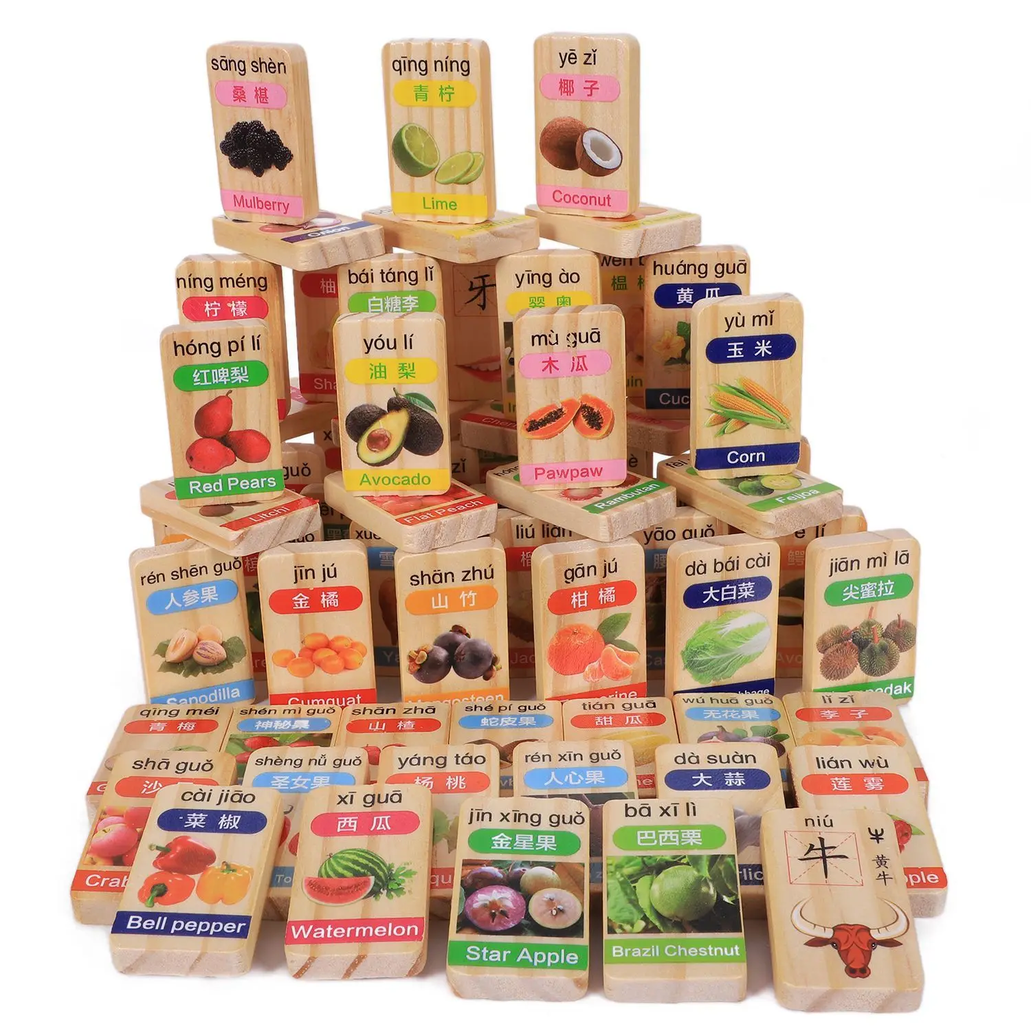 

MWZ 100pcs Fruit Chinese Character cognition Pine wooden Dominoes Children wooden Domino blocks Toys, Fruit