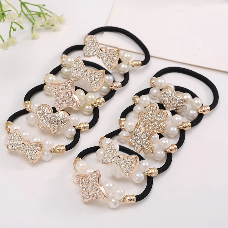 

Hot 2018 New Black Pearl Elastic Hair Rubber Bands Girls Crystal Hair Rope For Women Gifts