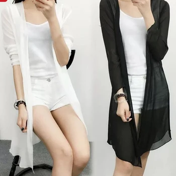 

KLV Women Beach Cover Up Sun Protection Cape Cardigan Chiffon Blouse Top Jacket Coat Female Breathable Soft Chiffon Blouse Tops